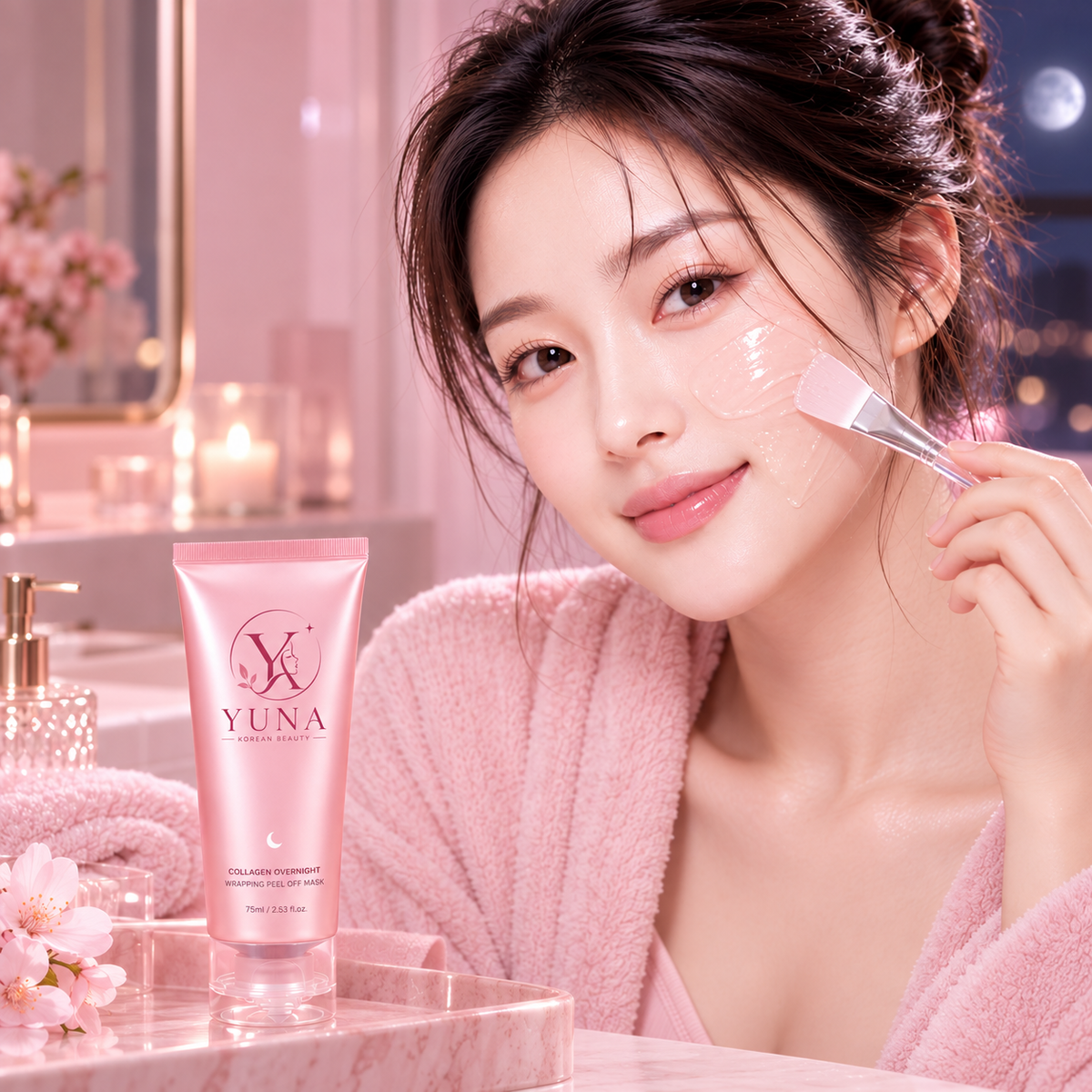 Woman applying YUNA Collagen Night Wrapping Mask at night