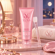 YUNA collagen mask on an elegant nighttime vanity