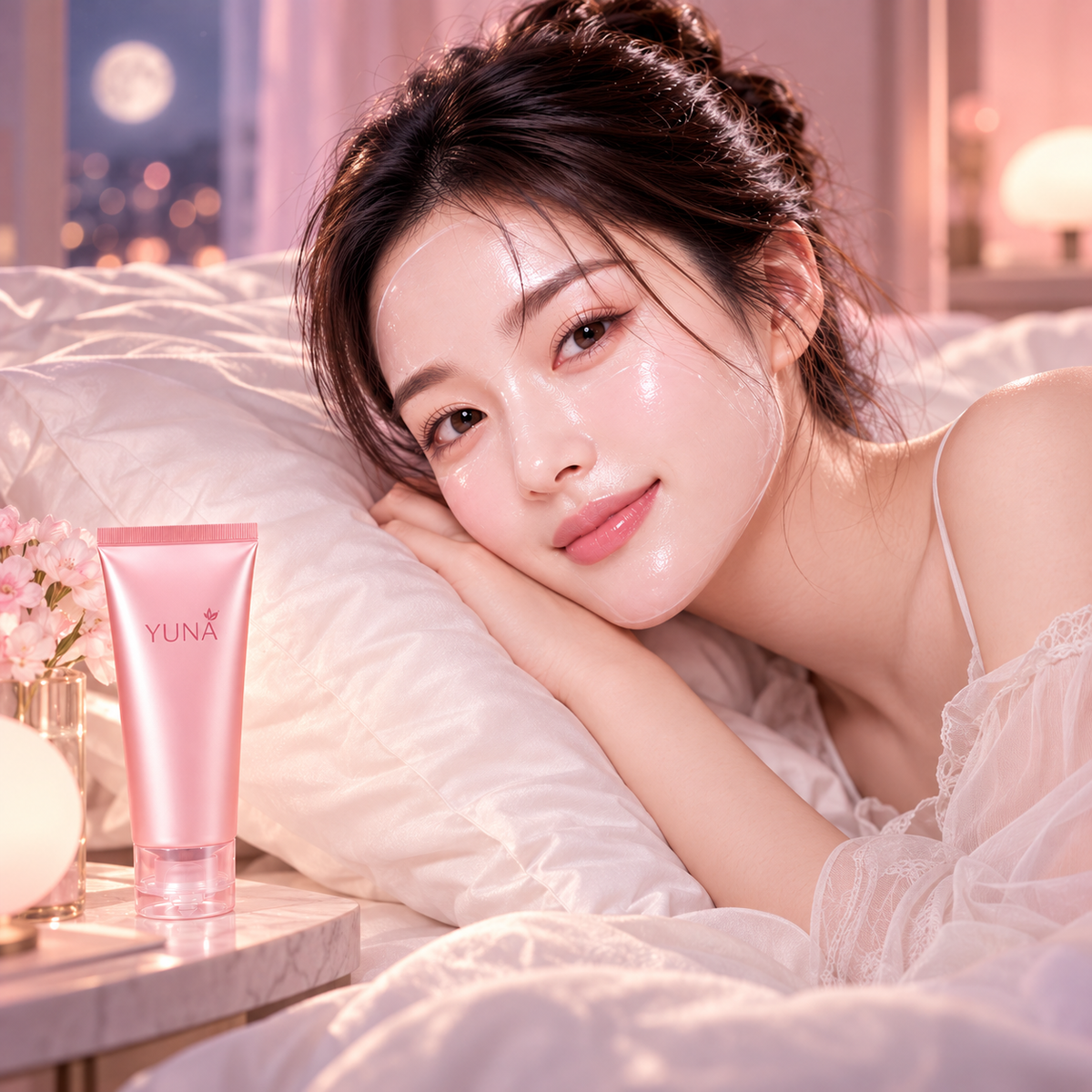 Woman wearing YUNA Collagen Night Wrapping Mask in bed