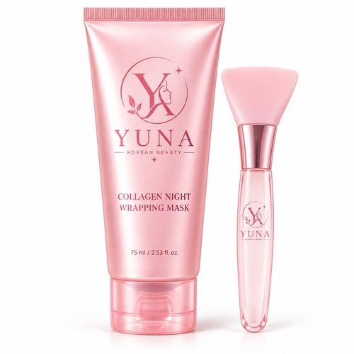 YUNA Collagen Night Wrapping Mask and applicator brush on white background