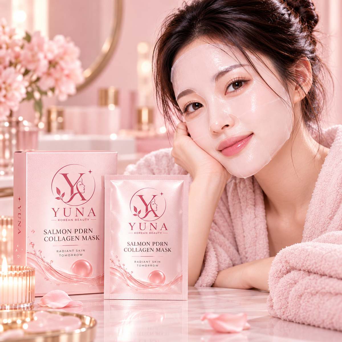 Woman using YUNA Salmon PDRN Collagen Mask