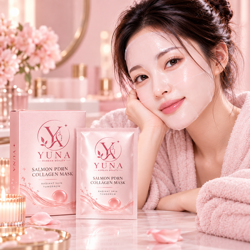Woman using YUNA Salmon PDRN Collagen Mask